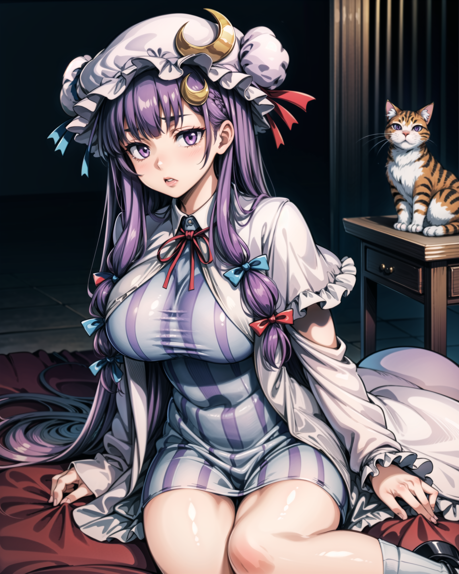 00348-1784141766-,1girl,mature female,large breasts,patchouli knowledge, purple hair,purple eyes,mob cap,skirt,  cat,crescent hair ornament, , ma.png